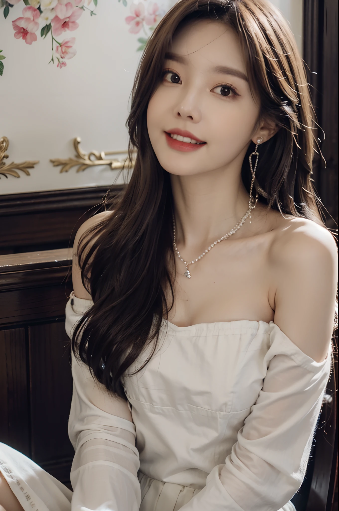 solo, (pretty and cute kindgirl), (Ultra Real), (Illustration), (High Resolution), (8K), (Very Detailed), (Best Illustration), (Beautiful and Detailed Eyes), (Best Quality), (Ultra Detailed), (Masterpiece), (Wallpaper), (Detailed Face),sea bar, One Girl, Full Body, Staring Viewer, Fine Eyes and Mouth, Detailed Face, Bar Counter, In the Dark, Low Key, pureerosfaceace_v1, Smile, Long Hair, dark blonde straight hair, bangs, sitting in a chair, beautiful teeth, blushing cheeks, enchanted look, complex off-shoulder clothes, miniskirts, earrings, necklaces,