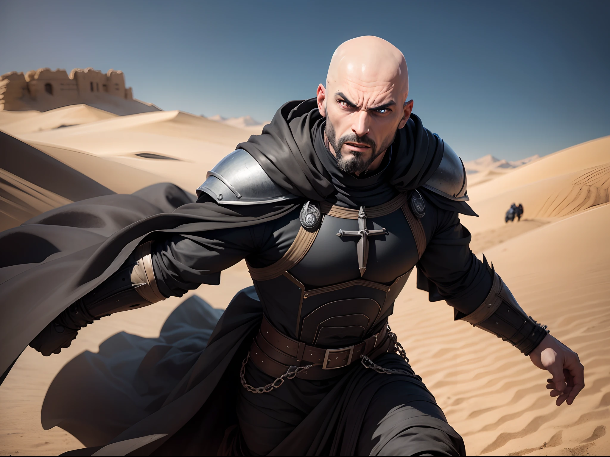 realistic 8k image of a bald man, 30 years old, strong and with a goatee, extremely detailed eyes, dressed in black clerical attire and silver RPG shoulder pads, running in a desert of dunes, angry expression, anime style art