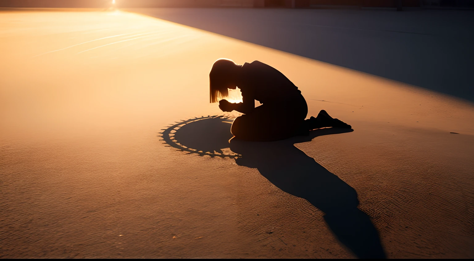 create a high-definition image of a shadow of a person praying to God against the sun