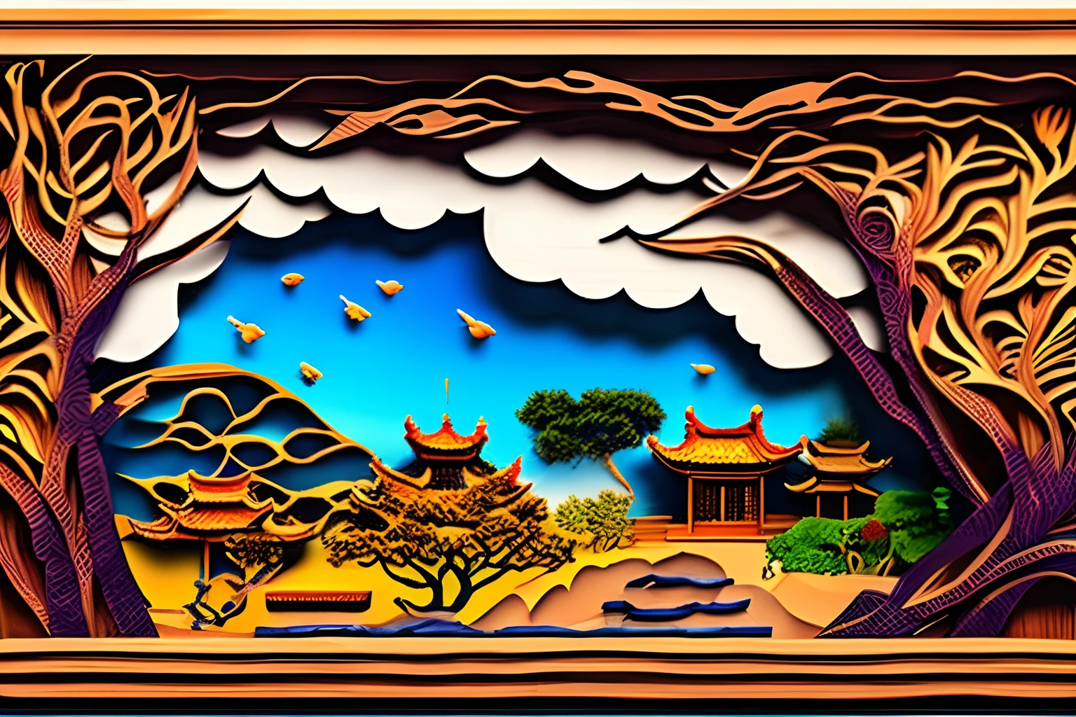 Suzhou Garden under the stars,Chinese architecture,gardens,mountain water,Sea of clouds,exquisitedetails,arte em papel cortado,opulent,(high detal:1.2)