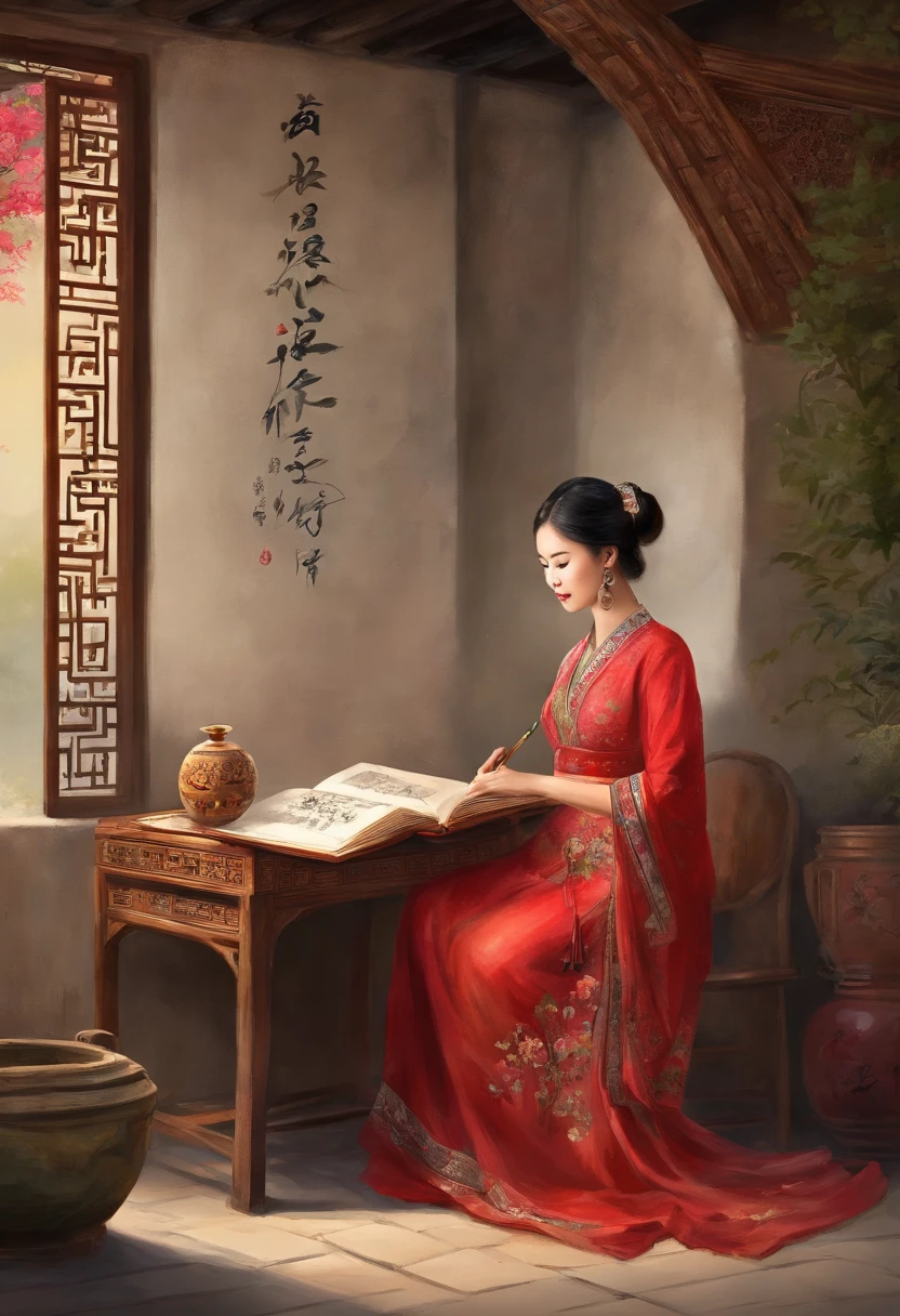 A photo of a beautiful girl in traditional Chinese dress looking at an ancient Chinese book under a lamp,On a quiet night,On a low table surrounded by an old wall in the garden,((She holds a pen in her right hand,Left hand on desk)),((Masterpiece)),Realistic,4K,Extremely detailed,((Beautiful big eyes))