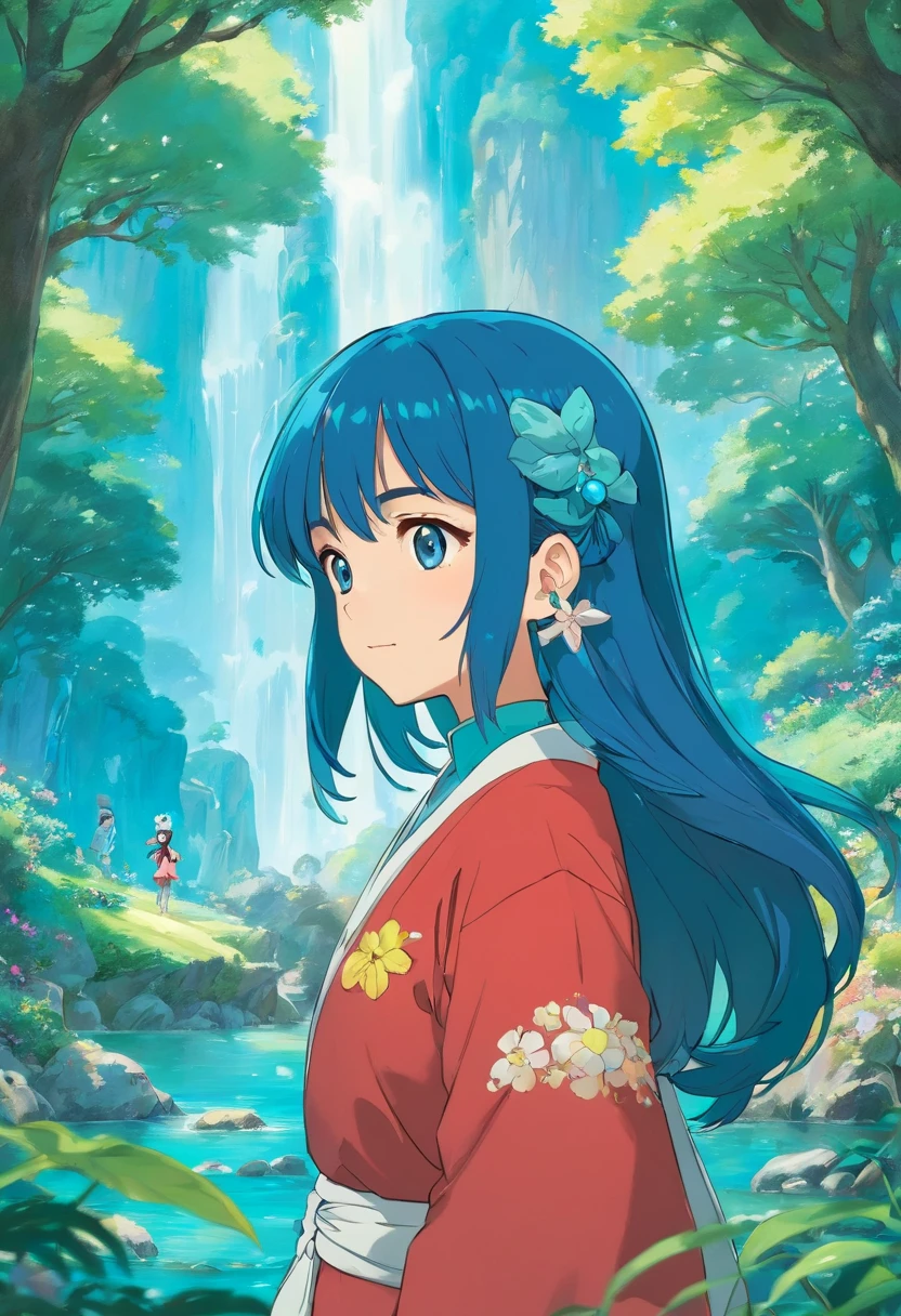 uma menina usando um colar de anime, um colar longo e brincos, no estilo de paisagens de jardim tranquilas, animated color photos, Masami Teraoka, aquamarine, Paulo Gauguin, Estilo Embry, retrato honesto