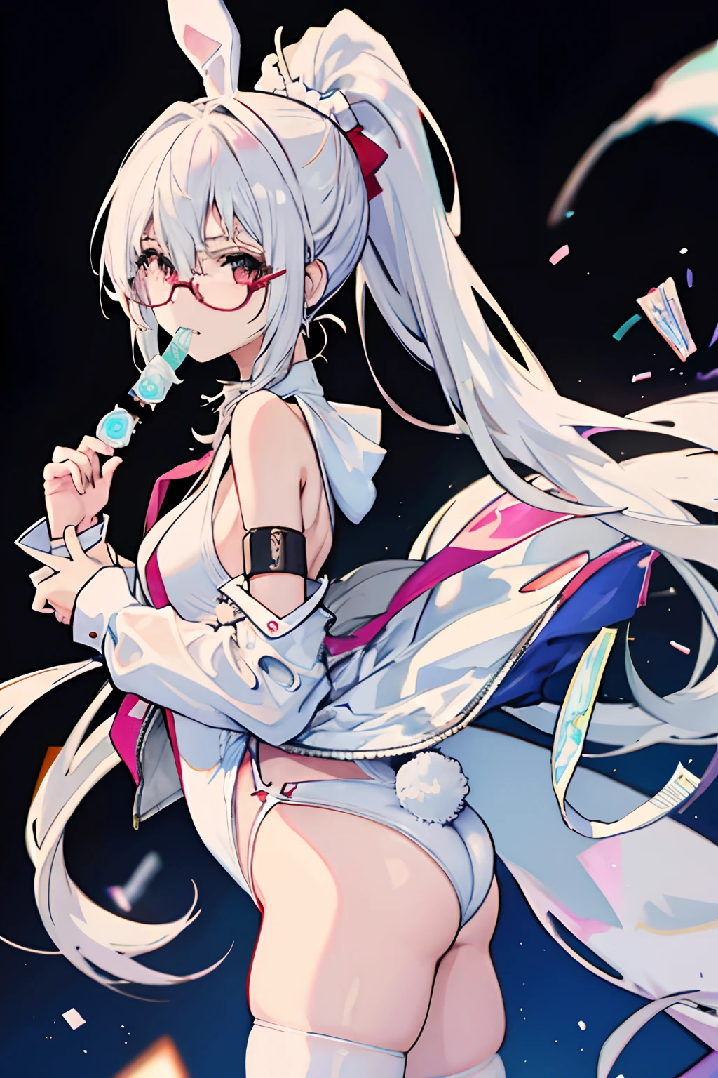 anime girl, bunny suit, biting condom, white hair, ponytail, glasses