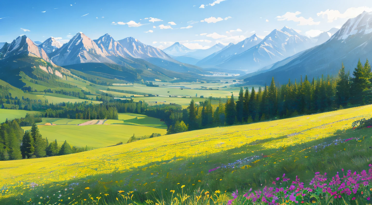 Flowers, prairies, slopes, forests, wallpaper illustrations, beautiful landscapes in the background