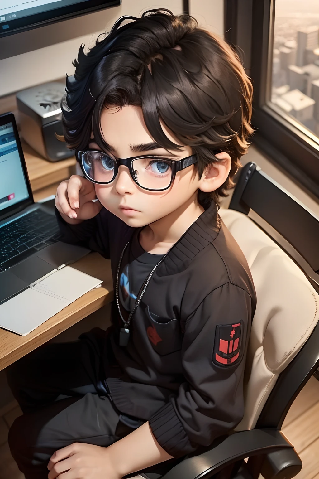 (best quality,ultra-detailed,realistic),boy cute face,hair brown and black,laptop,concentrated working,innocent expression,stylish glasses,modern laptop design,focused eyes,keyboard typing,intense concentration,soft natural light,cozy room,organized desk,comfortable chair,detailed hands,laptop screen illuminating face,technology enthusiast,vivid colors,professional setup,neat and tidy surroundings,inspiration-filled atmosphere