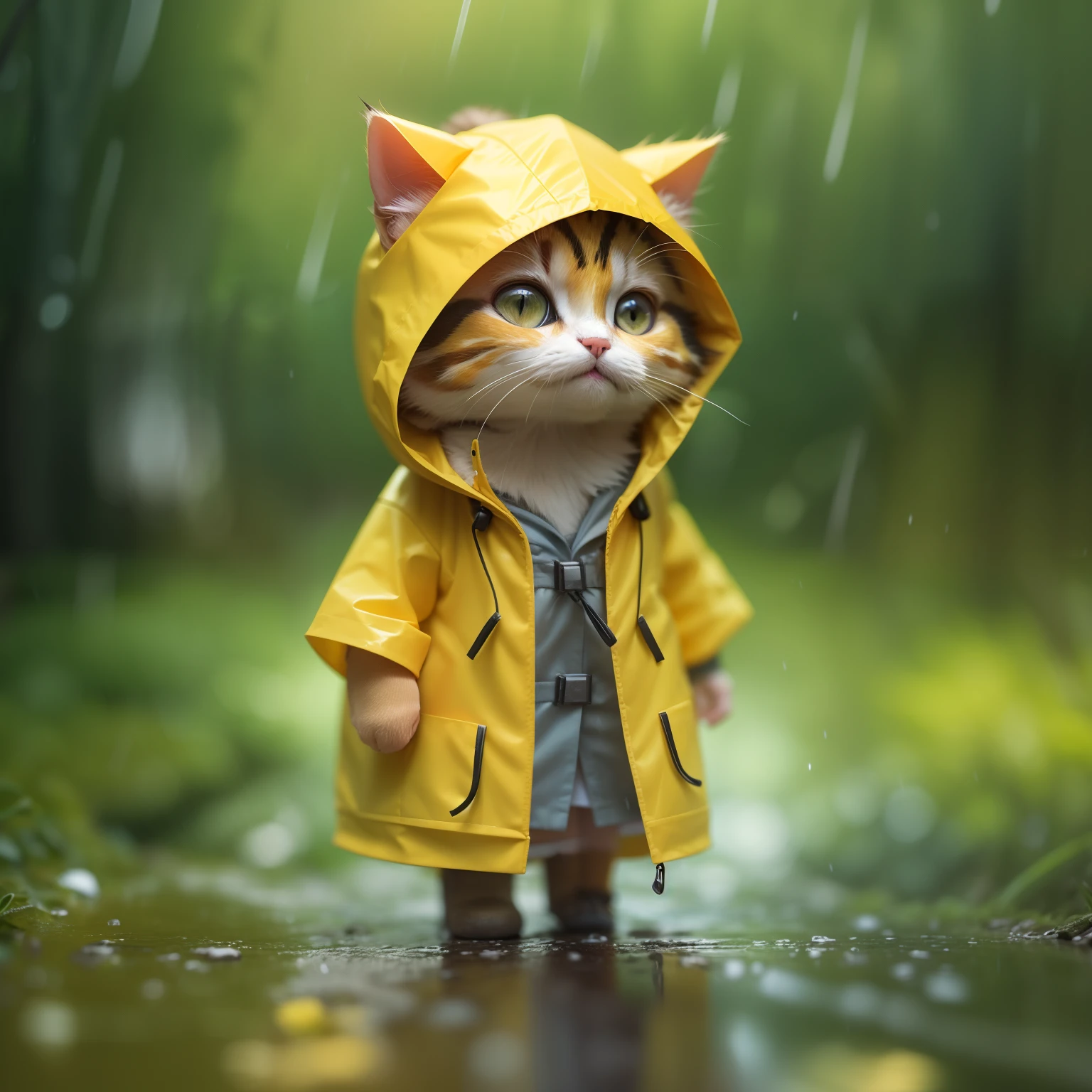 girl, CircuitBoardAI, tiny cute (happy1.4) cat in a (yellow raincoat1.3) in the woods, rain, a character portrait, Tilt-shift, bokeh