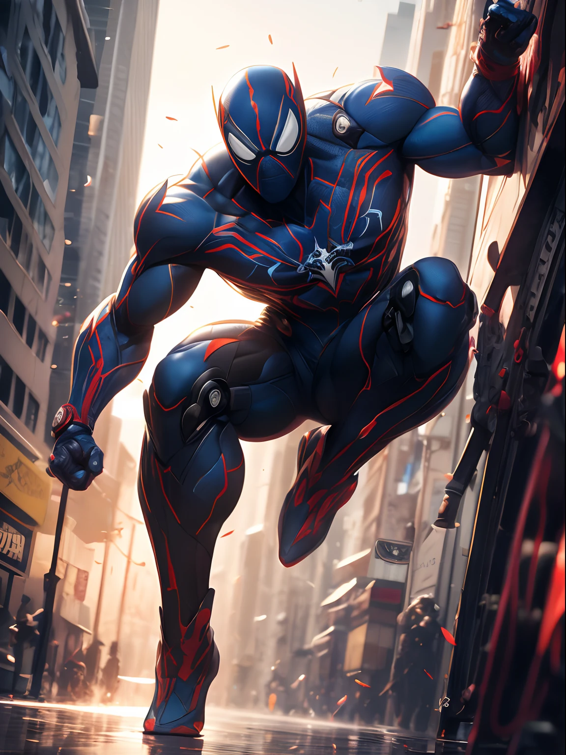 spiderman robotic suit,red,white,blue,(best quality,4k,8k,highres,masterpiece:1.2),ultra-detailed,(realistic,photorealistic,photo-realistic:1.37),HDR,UHD,studio lighting,extremely detailed suit design,vivid colors,sharp focus,physically-based rendering,advanced robotics technology,energetic and dynamic posture,cityscape background,superhero action scene,vibrant red and blue color scheme,lifelike texture and reflections,glowing eyes and web patterns,attention to small details,metallic finish,high-tech accessories and gadgets,heroic and confident facial expression,expressive body language,powerful and agile,urban environment,iconic spider logo,impressive light and shadow effects,action-packed battle scene,fluid and dynamic movement,impressive web-swinging skills,attention-grabbing composition,intricate suit mechanics,futuristic and stylish design,impressive acrobatic stunts,attention to anatomy and musculature,emerging from a powerful web,heroic stance,awe-inspiring superhero,enhanced strength and agility,vibrant and captivating artwork.