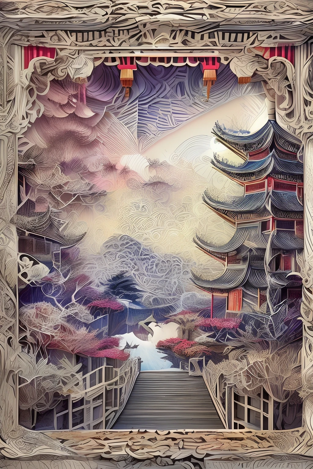 MDJRNY-PPRCT,Suzhou Garden under the stars,Chinese architecture,gardens,mountain water,Sea of clouds,exquisitedetails,arte em papel cortado,s fractal art,opulent,(high detal:1.2)