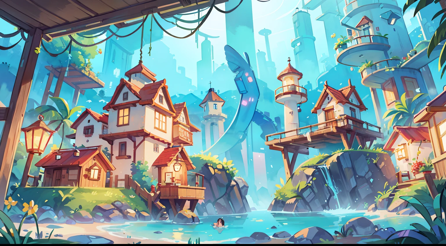 (best quality,4k,highres,masterpiece:1.2),ultra-detailed,realistic:1.37,bright colors,aquatic cyberpunk,vibrant watercolor illustration,cyberpunk,whimsical,tropical village cyberpunk,huge lighthouse,detailed environment,book illustration,cyberpunk atmosphere,serene and lively cyberpunk. Be aware of:This is an extremely high-quality picture,The resolution is 4K,It is a vivid illustration like a watercolor,It shows an underwater village full of fantasy。The underwater village is surrounded by bright and bright colors,An intoxicating atmosphere is formed。There is a huge lighthouse standing in the middle of the village,A huge highlight added to the whole view。The detailed environment is full of the feeling of the illustrations of the book,The whole scene is as quiet and vibrant as a dream。