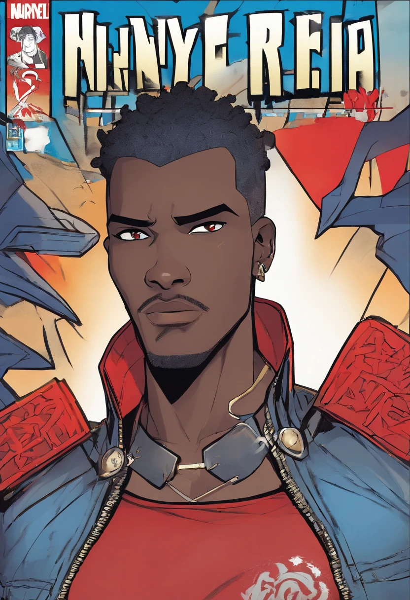 masterpiece, best quality, 1boy, t shirt, leather jacket, open jacket, muscular, scar across right eye , smug, dark skin, cybergoth clothing, white hair, black hair lights, red eyes, pointy ears, grey skin, black skin, neon lights, city. African American male with faded haircut, On his upper body, he wears three layers of clothes: a button-up white shirt with a protruding collar kept partially buttoned, a plain gray hoodie, and a black leather jacket with a red interior, two horizontal white lines on each sleeve, and a red tribal design on the back. On his lower body, he wears plain blue jeans and black shoes