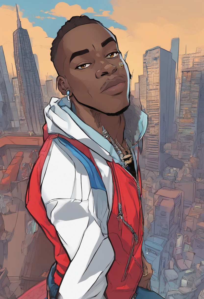 masterpiece, best quality, 1boy, t shirt, leather jacket, open jacket, muscular, scar across right eye , smug, dark skin, cybergoth clothing, white hair, black hair lights, red eyes, pointy ears, grey skin, black skin, neon lights, city. African American male with faded haircut, On his upper body, he wears three layers of clothes: a button-up white shirt with a protruding collar kept partially buttoned, a plain gray hoodie, and a black leather jacket with a red interior, two horizontal white lines on each sleeve, and a red tribal design on the back. On his lower body, he wears plain blue jeans and black shoes