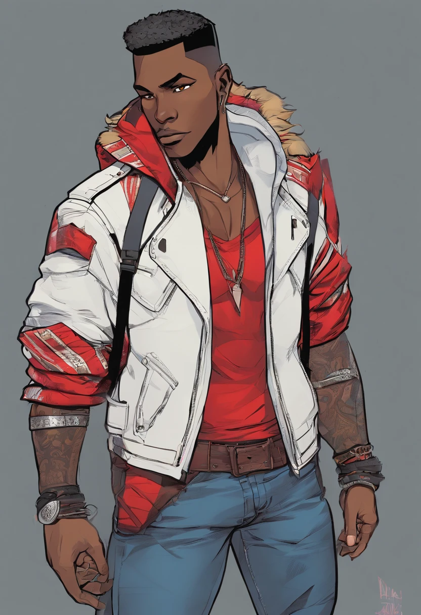 masterpiece, best quality, 1boy, t shirt, leather jacket, open jacket, muscular, scar across right eye , smug, dark skin, cybergoth clothing, white hair, black hair lights, red eyes, pointy ears, grey skin, black skin, neon lights, city. African American male with faded haircut, On his upper body, he wears three layers of clothes: a button-up white shirt with a protruding collar kept partially buttoned, a plain gray hoodie, and a black leather jacket with a red interior, two horizontal white lines on each sleeve, and a red tribal design on the back. On his lower body, he wears plain blue jeans and black shoes