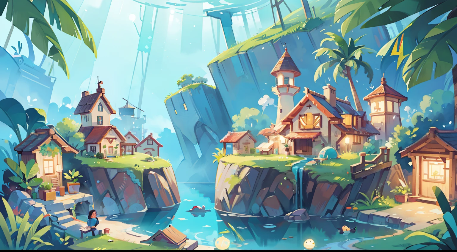(best quality,4k,highres,masterpiece:1.2),ultra-detailed,realistic:1.37,bright colors,aquatic cyberpunk,vibrant watercolor illustration,cyberpunk,whimsical,tropical village cyberpunk,huge lighthouse,detailed environment,book illustration,cyberpunk atmosphere,serene and lively cyberpunk. Be aware of:This is an extremely high-quality picture,The resolution is 4K,It is a vivid illustration like a watercolor,It shows an underwater village full of fantasy。The underwater village is surrounded by bright and bright colors,An intoxicating atmosphere is formed。There is a huge lighthouse standing in the middle of the village,A huge highlight added to the whole view。The detailed environment is full of the feeling of the illustrations of the book,The whole scene is as quiet and vibrant as a dream。