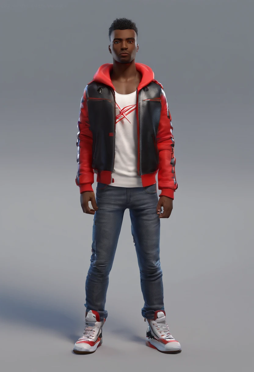 masterpiece, best quality, 1boy, t shirt, leather jacket, open jacket, muscular, scar across right eye , smug, dark skin, cybergoth clothing, white hair, black hair lights, red eyes, pointy ears, grey skin, black skin, neon lights, city. African American male with faded haircut, On his upper body, he wears three layers of clothes: a button-up white shirt with a protruding collar kept partially buttoned, a plain gray hoodie, and a black leather jacket with a red interior, two horizontal white lines on each sleeve, and a red tribal design on the back. On his lower body, he wears plain blue jeans and black shoes