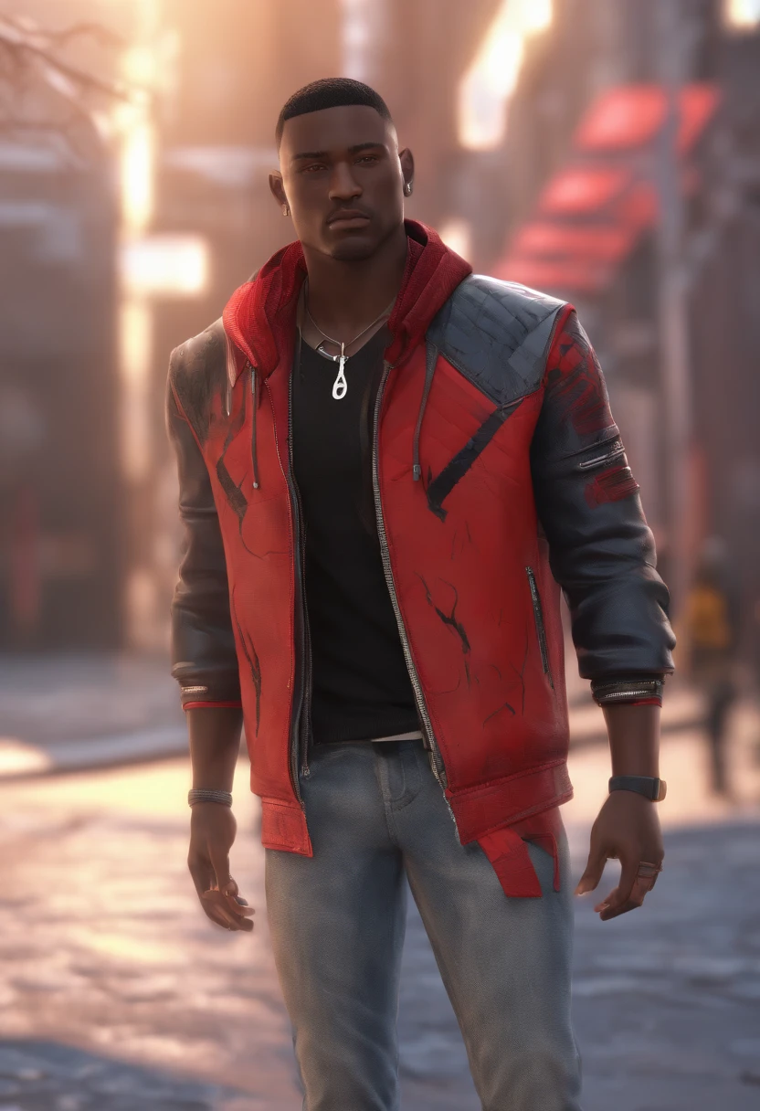 masterpiece, best quality, 1boy, t shirt, leather jacket, open jacket, muscular, scar across right eye , smug, dark skin, cybergoth clothing, white hair, black hair lights, red eyes, pointy ears, grey skin, black skin, neon lights, city. African American male with faded haircut, On his upper body, he wears three layers of clothes: a button-up white shirt with a protruding collar kept partially buttoned, a plain gray hoodie, and a black leather jacket with a red interior, two horizontal white lines on each sleeve, and a red tribal design on the back. On his lower body, he wears plain blue jeans and black shoes