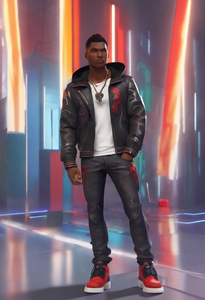masterpiece, best quality, 1boy, t shirt, leather jacket, open jacket, muscular, scar across right eye , smug, dark skin, cybergoth clothing, white hair, black hair lights, red eyes, pointy ears, grey skin, black skin, neon lights, city. African American male with faded haircut, On his upper body, he wears three layers of clothes: a button-up white shirt with a protruding collar kept partially buttoned, a plain gray hoodie, and a black leather jacket with a red interior, two horizontal white lines on each sleeve, and a red tribal design on the back. On his lower body, he wears plain blue jeans and black shoes