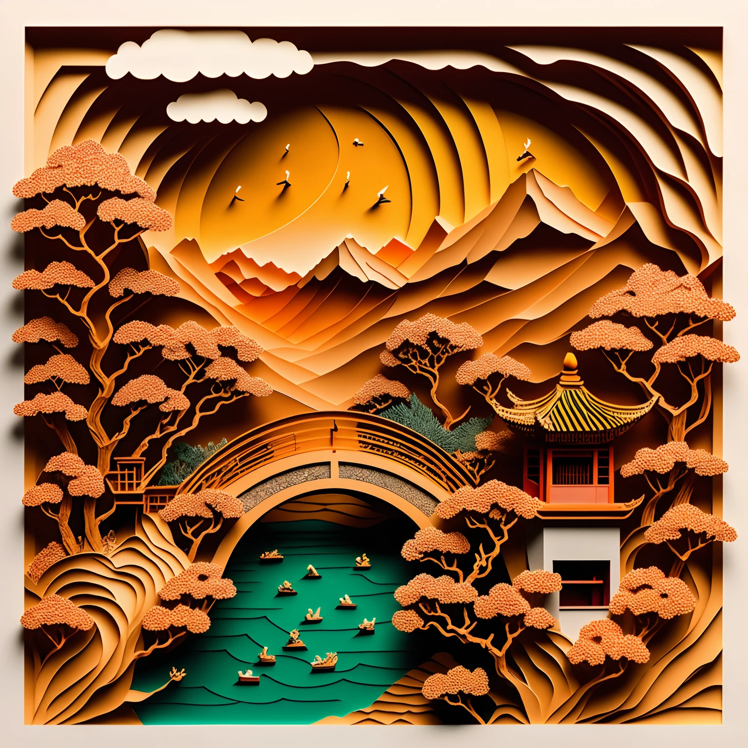 Close-up, paper cut out, Charming Chinese garden scenery, Villas，gardens,courtyard，jetty，mountain water, Sea of clouds, Sharp focus, Ray tracing, Intricate details, in a spring, Golden hour lighting, Fine art imitation，8K, Best quality, Masterpiece, Ultra-high resolution, (photo-realistic:1.4), RAW photo,