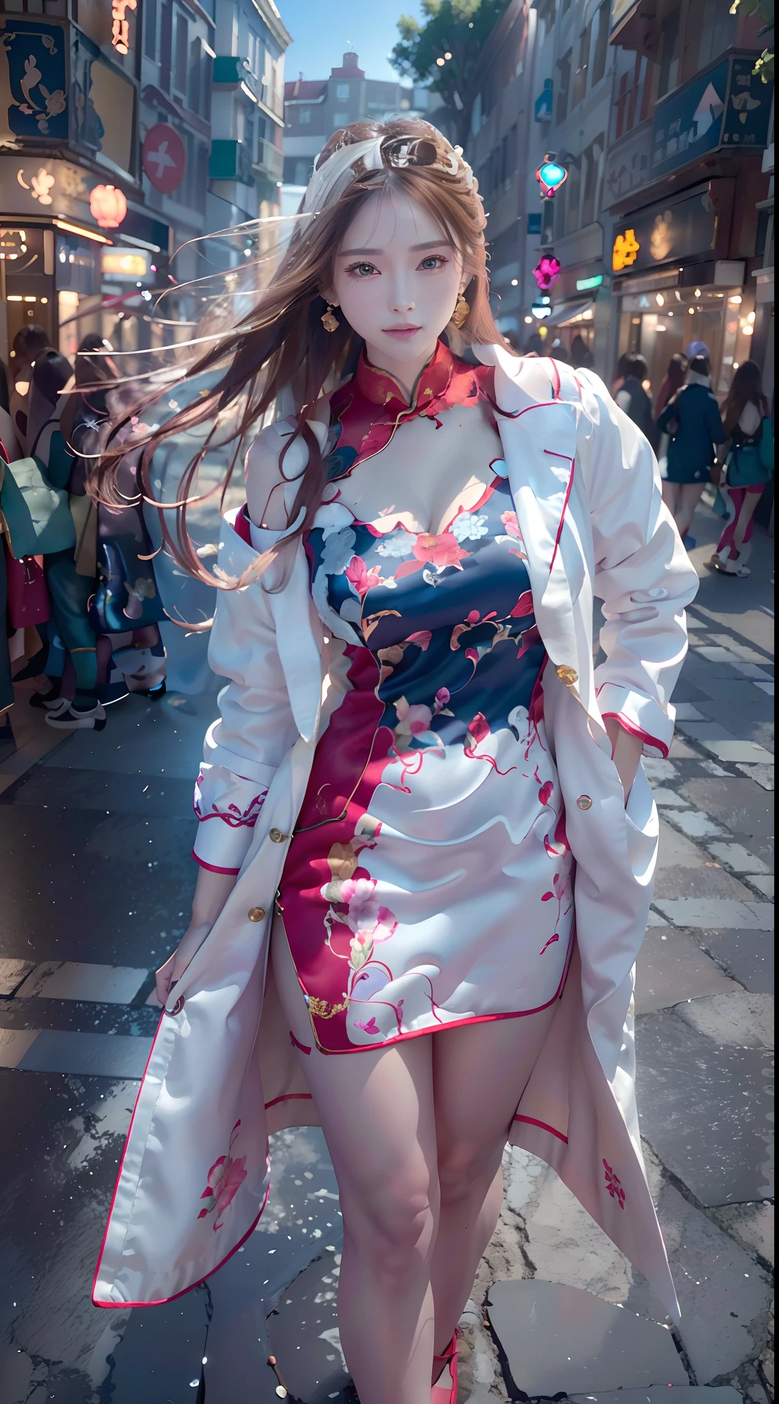 (Best quality,4K,8K,A high resolution,Masterpiece:1.2),Ultra-detailed,(Realistic,Photorealistic,photo-realistic:1.37),Long-range shooting,Blue-haired woman,Hair falls on the left shoulder,Wears a white trench coat lined in red, blackminiskirt,Patterned stockings,High heels,Walking on the street,Portrait,conceptual art,Blurred background,Soft lighting,Vivid tones