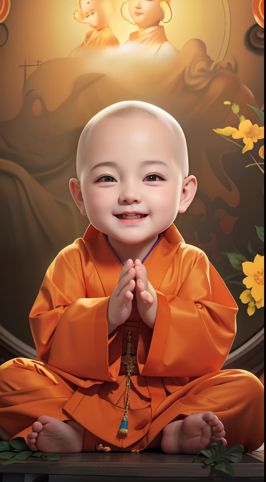 Smiling baby in orange robe sitting in front of a painting of a smiling Buddha, lovely digital painting, Buddhist, monk clothes, Portrait shooting, buddhist monk, monk meditation, adorable digital art, monk, Buddhism, portrait of monk, high quality portrait, Children, yanjun cheng, close up portrait shot, monk, Cute detailed digital art, wojtek fus