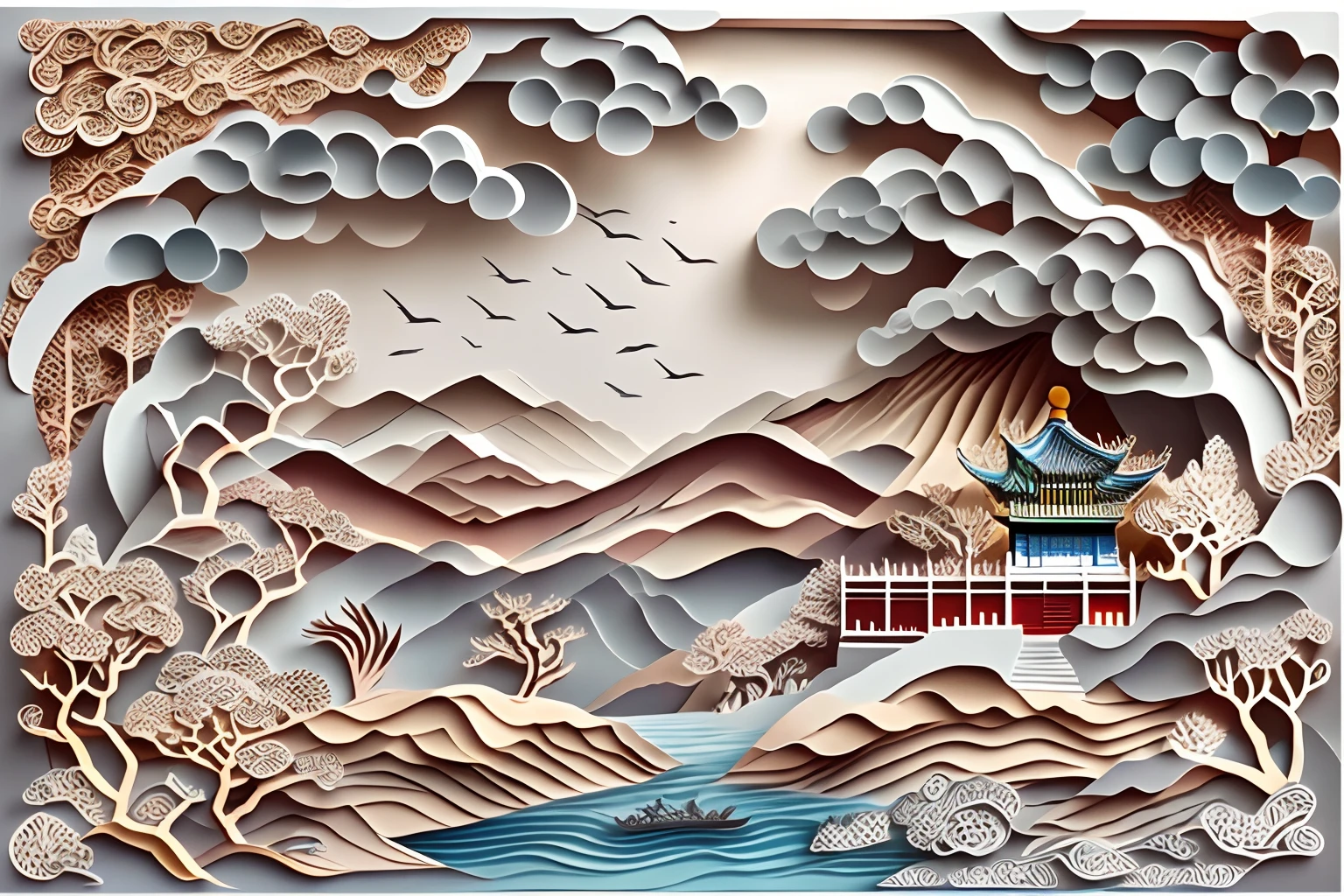 paper cut out，Chinese Garden，mountain water，Sea of clouds，16k, Best quality, Masterpiece, UHD resolution, Reasonable composition