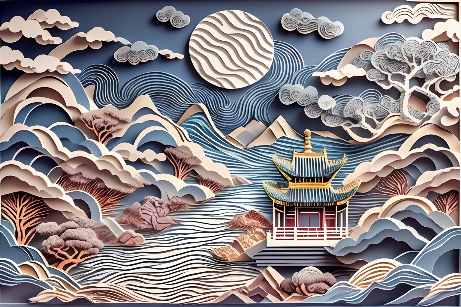 paper cut out，Chinese Garden，mountain water，Sea of clouds，16k, Best quality, Masterpiece, UHD resolution, Reasonable composition