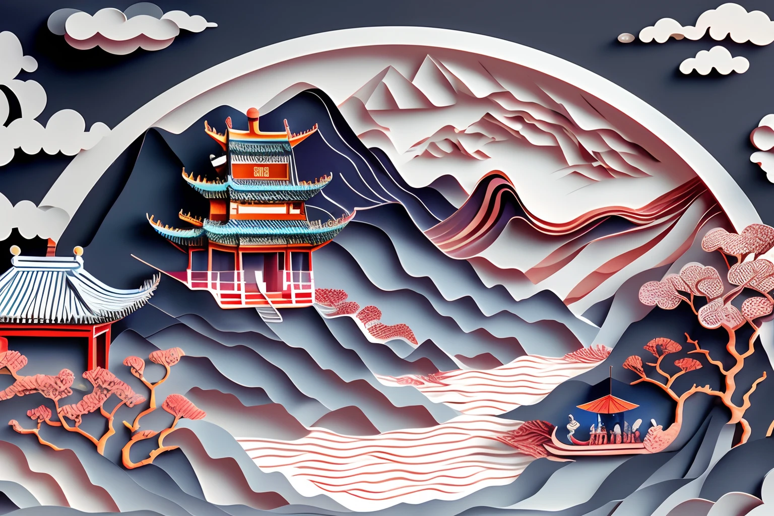 paper cut out，Chinese Garden，mountain water，Sea of clouds，16k, Best quality, Masterpiece, UHD resolution, Reasonable composition