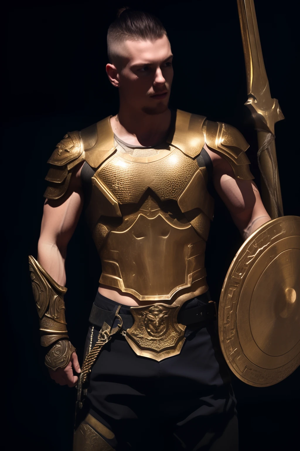 (Masterpiece), (Extreme), (Super detailed), (close up), Viking in golden armor, IGPPV01, Young man 25 years old, holding a shield in his left hand and a hammer in his right hand, emanating from lightning, full length image, Undercut hairstyle, Futuristic detailed background, strong man, emitting golden light from armor, muscular, showing the abdominal muscles, abdominal muscles, To show, in an attacking position, an angry expression, Show the shield in the foreground in detail