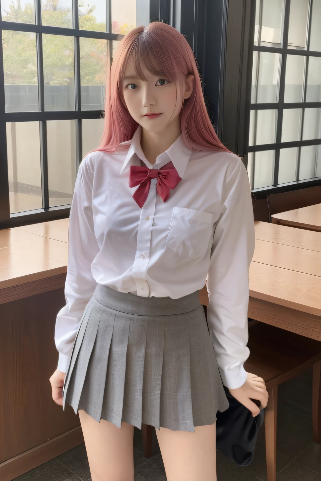 1 girl, ultra-realistic realism, Big high school girl, Sakura Haruhi uniform juvenile version, 20 years, very pretty,校服、greene eyes, A pink-haired, Its open legs,On a table, 8K, Touch the feet, , youthfulness,Cowboy shot, Beautiful body, smallunderboob, firm breast cleavage, Clothes stuck to the body, big assa, Big breasts Thin waist, Hyper-realism, 20 MP camera,Japan person model