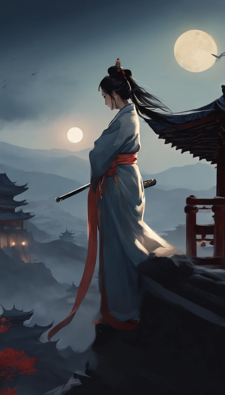 (((Best quality))),(((Ultra detailed))),(((Masterpiece))),illustration,1人,1womanl,swordsman,warrioress,Traditional Chinese clothing,standing,Ink style,Martial arts,Pose,Rooftop,Moonlight,Night,Background,Ancient Chinese architecture,misty mountains,Silhouette,Serenity --AR 16:9