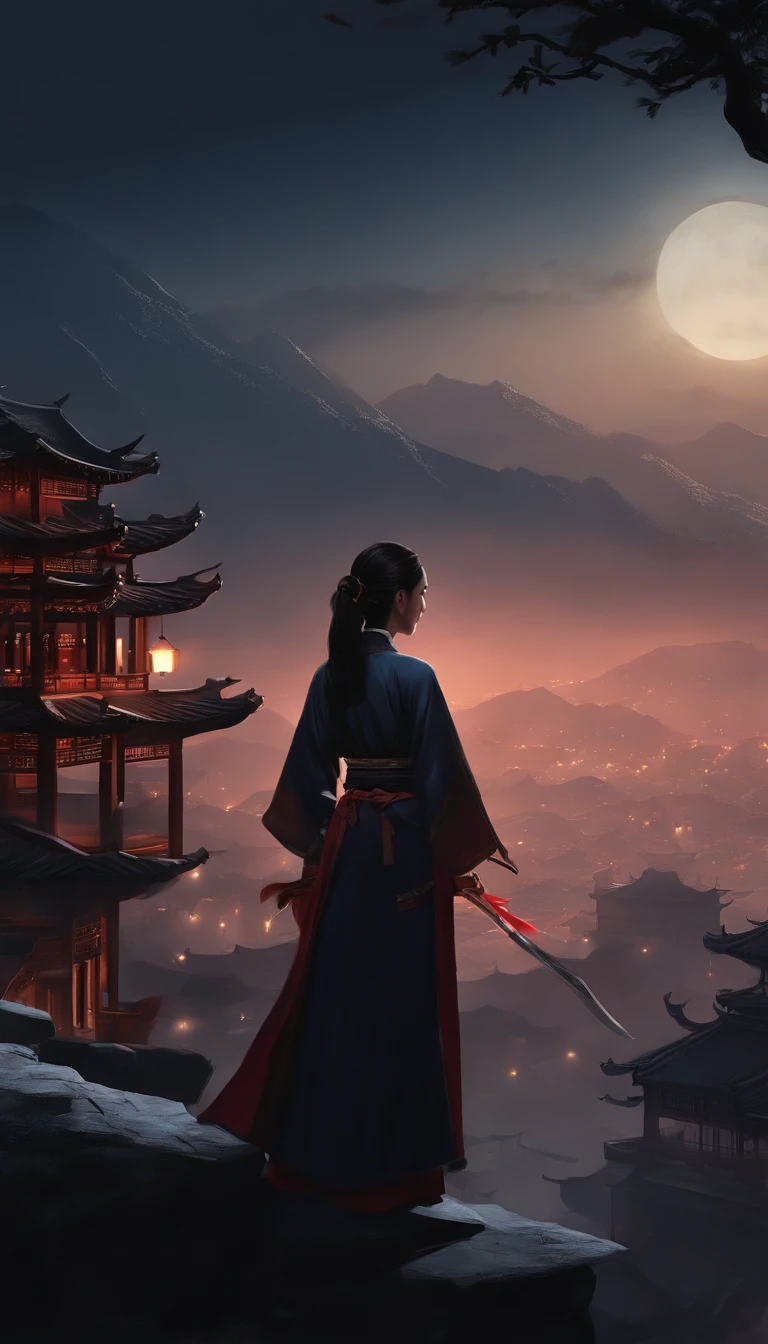 (((Best quality))),(((Ultra detailed))),(((Masterpiece))),illustration,1人,1womanl,swordsman,warrioress,Traditional Chinese clothing,standing,Ink style,Martial arts,Pose,Rooftop,Moonlight,Night,Background,Ancient Chinese architecture,misty mountains,Silhouette,Serenity --AR 16:9