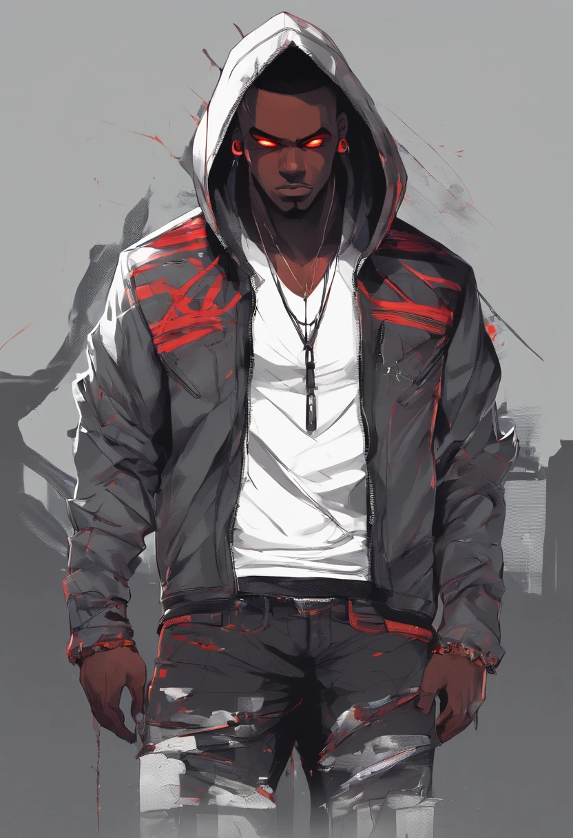 masterpiece, best quality, 1boy, t shirt, leather jacket, open jacket, muscular, scar across right eye , smug, dark skin, cybergoth clothing, white hair, black hair lights, orange-red eyes, black skin, neon lights, city. African American male with faded haircut, On his upper body, he wears three layers of clothes: a button-up white shirt with a protruding collar kept partially buttoned, a plain gray hoodie, and a black leather jacket with a red interior, two horizontal white lines on each sleeve, and a red tribal design on the back. On his lower body, he wears plain blue jeans and black shoes