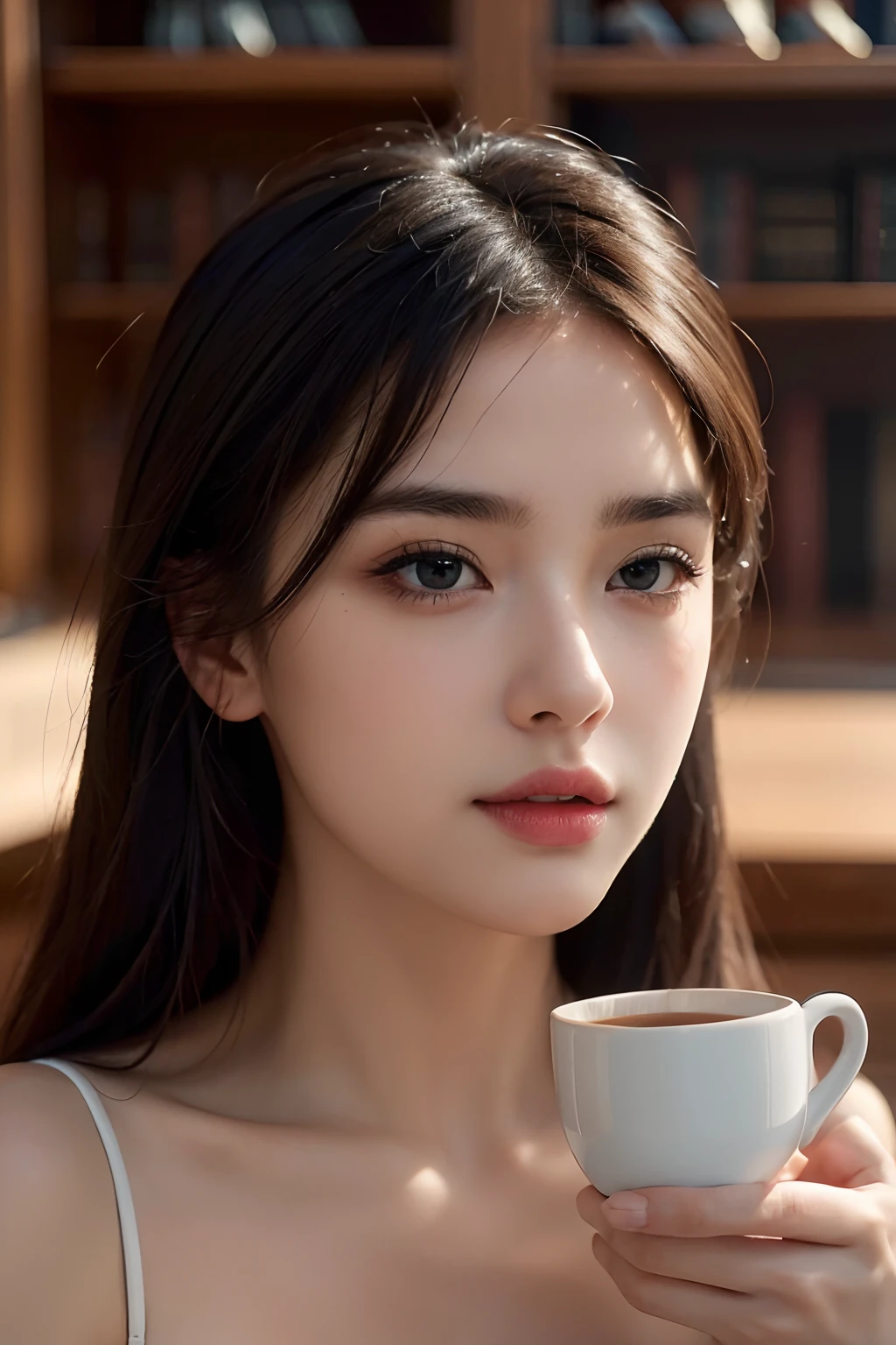 A girl with beautiful detailed eyes and lips enjoying a cup of Americano in a library(best quality,4k,8k,highres,masterpiece:1.2),ultra-detailed,(realistic,photorealistic,photo-realistic:1.37)