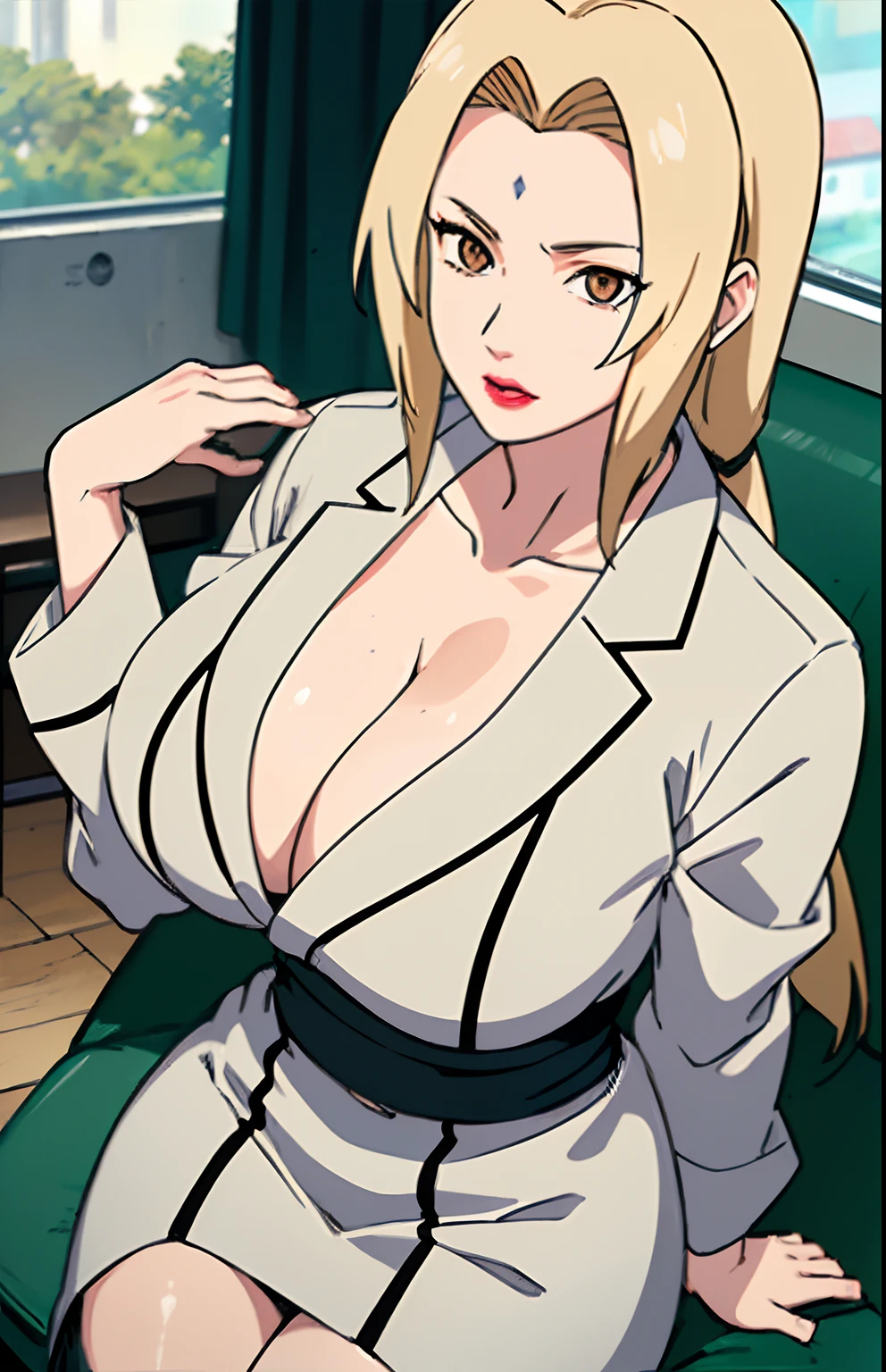 (Big tits), white shirt, (long coat), black tight skirt, fullbody, cleavage, good anatomy, masterpiece, best quality, 4k, 8k, professional photography, soft light, sharp focus, 1 girl, blonde hair, at classroom, blonde hair, parted banks, detailed face+brown eyes, open lips, lipstick, close up view, whiteboard