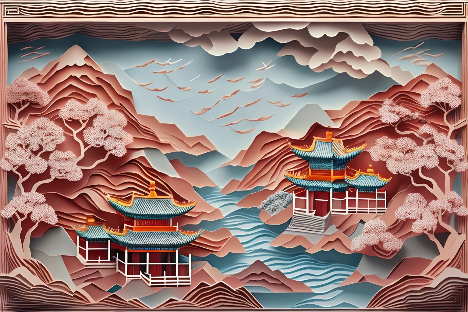 paper cut out，Chinese Garden，mountain water，Sea of clouds，16k, Best quality, Masterpiece, UHD resolution, Reasonable composition