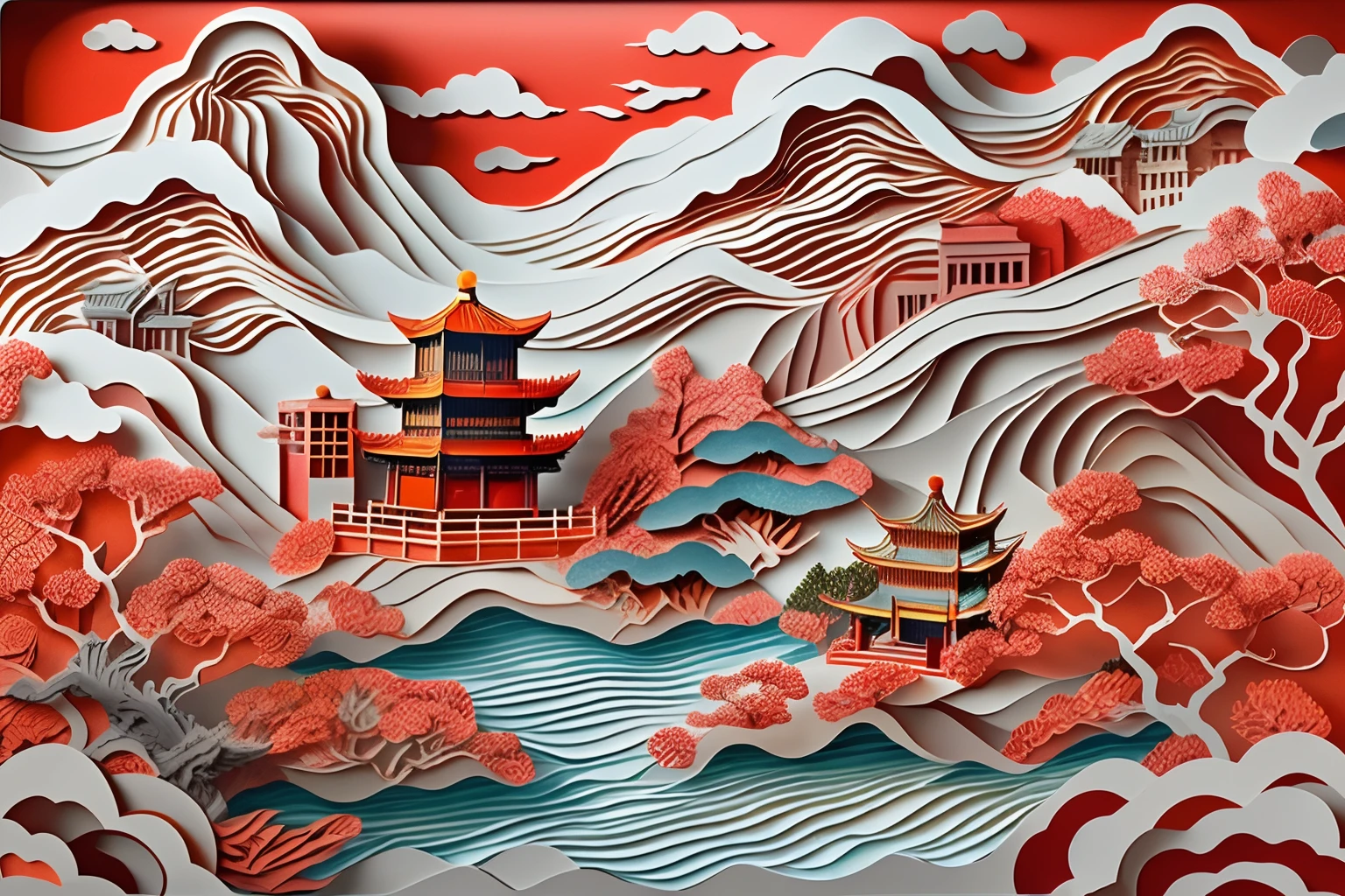 paper cut out，Chinese Garden，mountain water，Sea of clouds，16k, Best quality, Masterpiece, UHD resolution, Reasonable composition