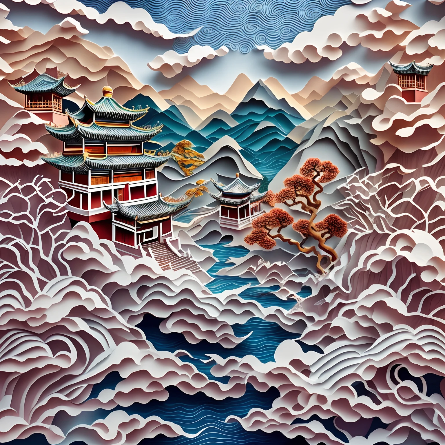 paper cut out，Chinese Garden，mountain water，Sea of clouds，16k, Best quality, Masterpiece, UHD resolution, Reasonable composition