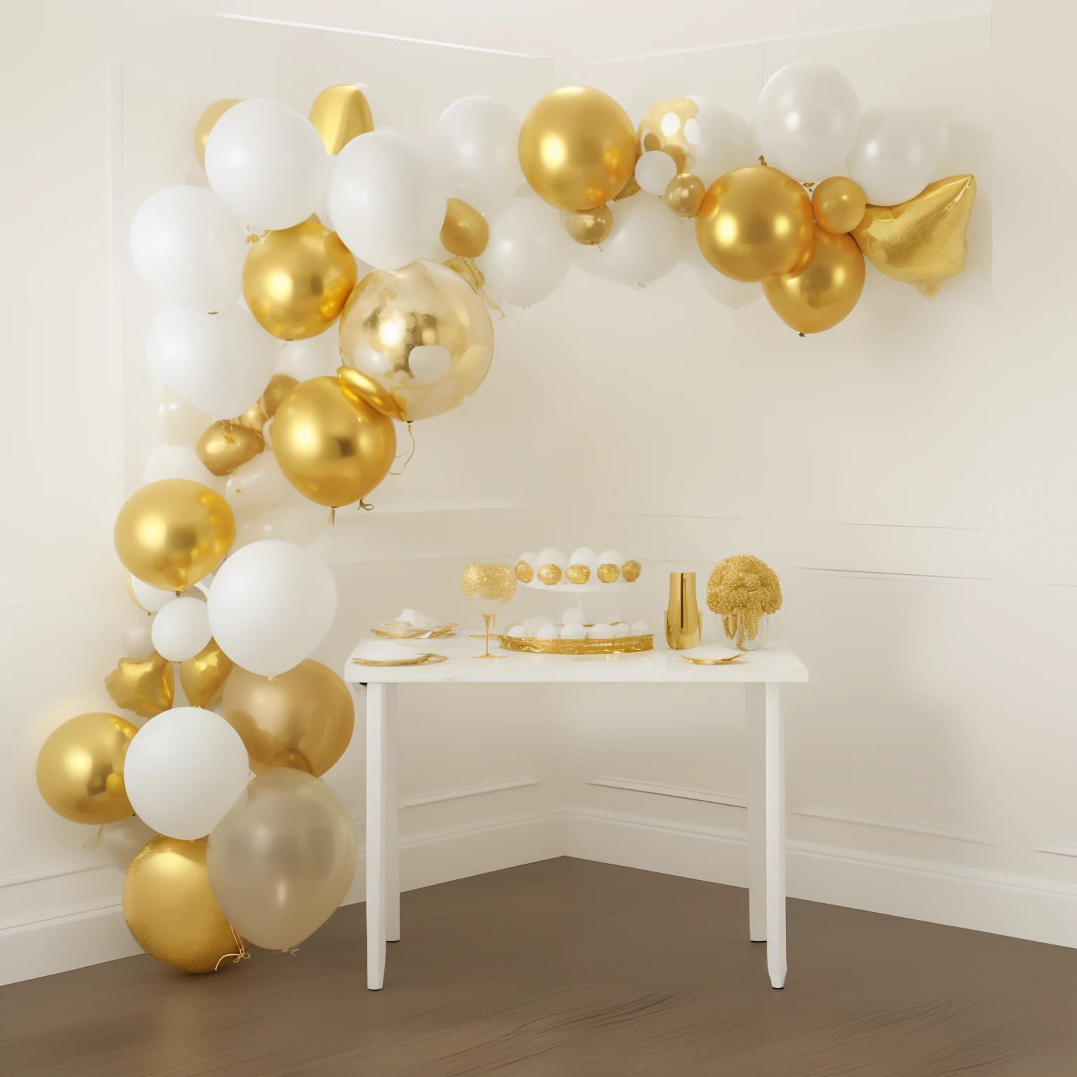 a close up of a table with a bunch of balloons, gold and white, white and gold, gold decorations, white and gold color scheme, party balloons, gold decoration, marble and hint gold, white with gold accents, gradient white to gold, silver white and gold, gold theme, white marble and gold, decoration, shades of gold display naturally, balloons