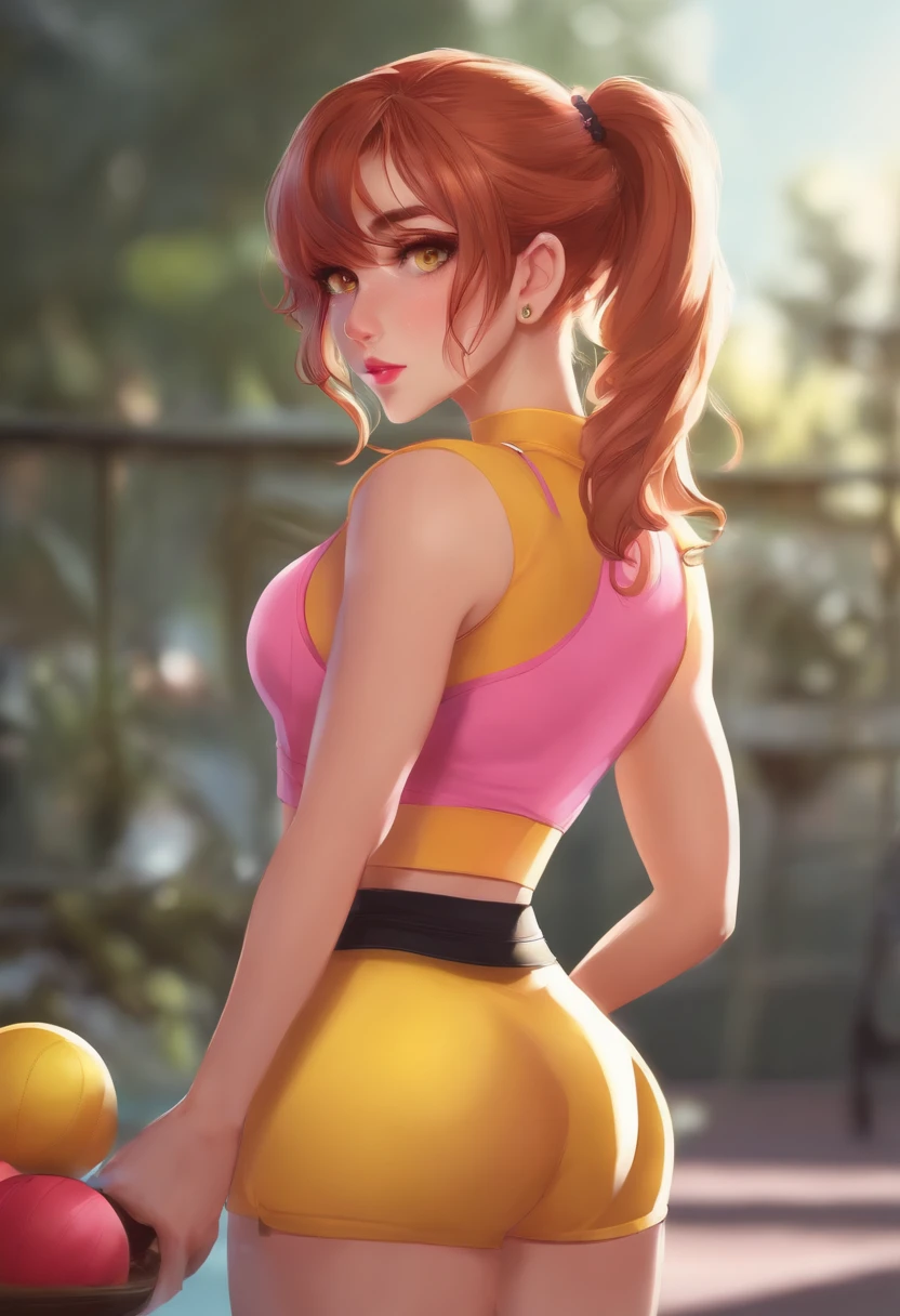 cinnamon hair, ponytail on the head, pink blush, big yellow eyes, white foodball, black shorts, open rod, gym