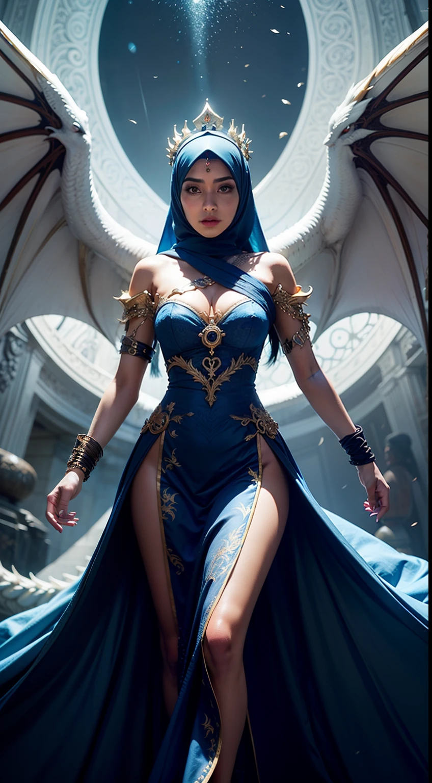 Craft an 8K digital masterpiece that portrays the Malay woman in hijab as the enchanting white dragon queen, her dress billowing in the otherworldly breeze, while cascades of neon colors illuminate her royal aura from below