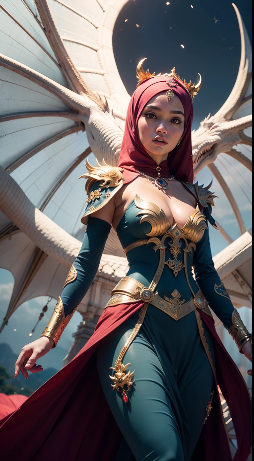 Craft an 8K digital masterpiece that portrays the Malay woman in hijab as the enchanting white dragon queen, her dress billowing in the otherworldly breeze, while cascades of neon colors illuminate her royal aura from below