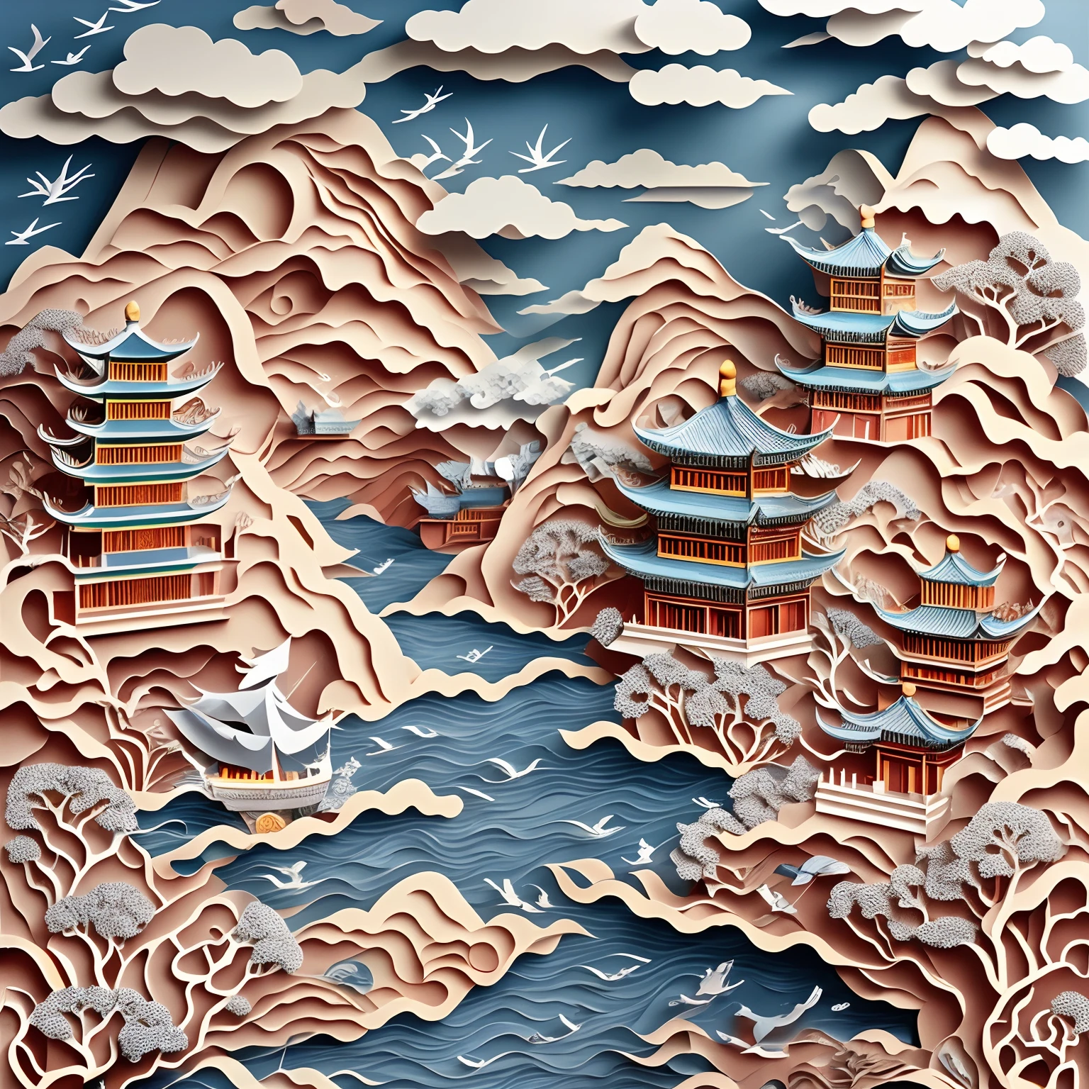 paper cut out，Chinese architecture，gardens，mountain water，Sea of clouds，16k, Best quality, Masterpiece, UHD resolution, Reasonable composition