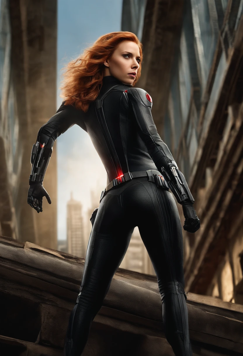 Scarlett Johansson as a  in detailed black widow costume, super detailed,  beautiful and aesthetic, masterpiece, best quality, raw, super fine photo, best quality, super high resolution, photorealistic, sunlight, full body portrait, amazing beauty, dynamic pose, delicate face, vibrant eyes, (from the front), she is wearing a black widow suit, very detailed abandoned warehouse background, Detailed face, detailed complex busy background, messy, gorgeous, realistic skin details, visible pores, sharp focus, hoto realism, huge metropolis in future dystopia, seen from below, translucent