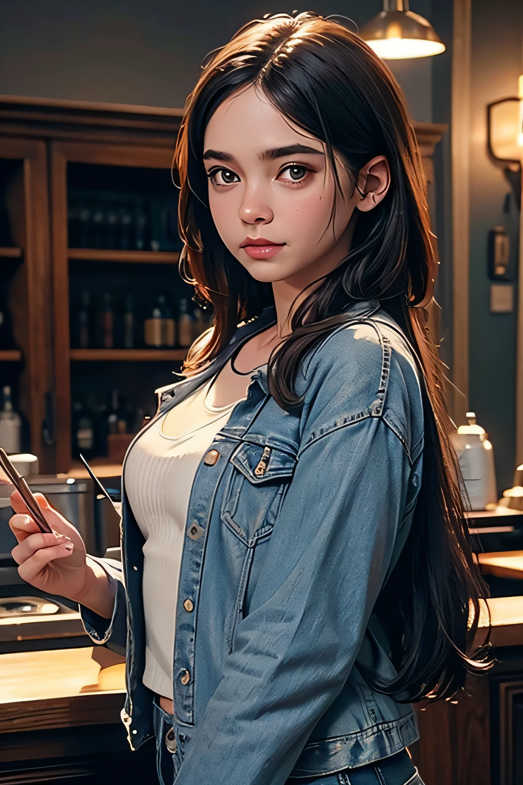 (Best Quality, Masterpiece) (8k Resolution), (8k2.5, UHD),(extreme detail, intricate artwork) 1 girl, black streaked hair, parted lips, pert beautiful face, sexy camisole, fashionable jean jacket, flirty blue jeans, inside a cafe, professional lighting, full body photo, hasselblad, 85mm, f/2.8, ultra-wide angle,