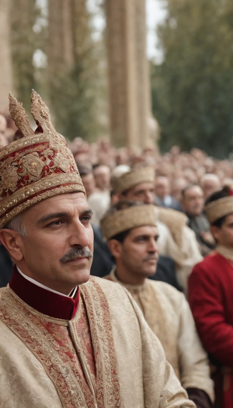 Draw a scene of a new Ottoman Sultan being crowned as the crowd watches in horror as the procession of coffins exits the palace, Lente 35mm, fotografia, Ultra Detalhes, detalhes de textura precisos HDR, UHD,64 mil,