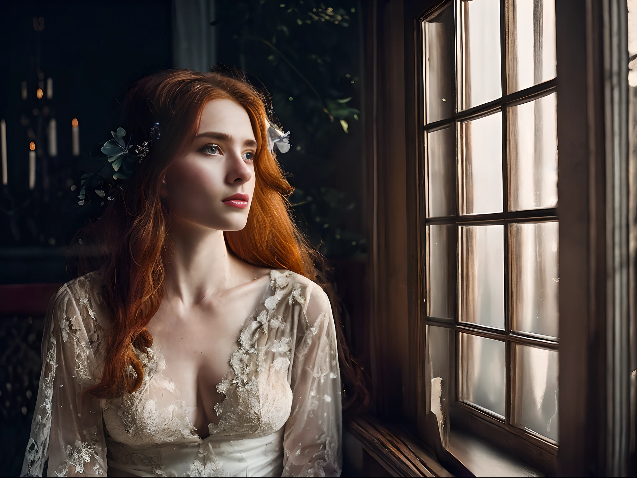 a very pretty readhead danish woman with messy long hair, sitting in the dark horor house, beautiful eyes, unique face, dynamic candid poses, wearing a transparent lace dress, flowers splash in front of woman, detailed face and eyes, perfect object, rain outside, cinematic dark light, photo magazine composition, analog film photo color, ultra realistic pohotography, very wide view, Aesthetic atmosphere, dramatic, rays lighting, Sigma 24mm f1.8 lens, 8k, highly resolution, ultra highly detailed, Ultra hd, depth of field