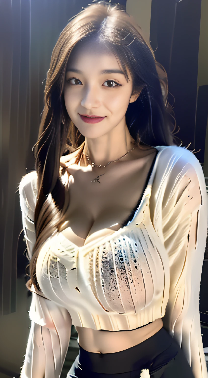 woman, Large breasts, facingviewer,fcPortrait, Cropped sweater, midriff, Sweater, 1girll, Detailed face, Suspended driveway, illustrated