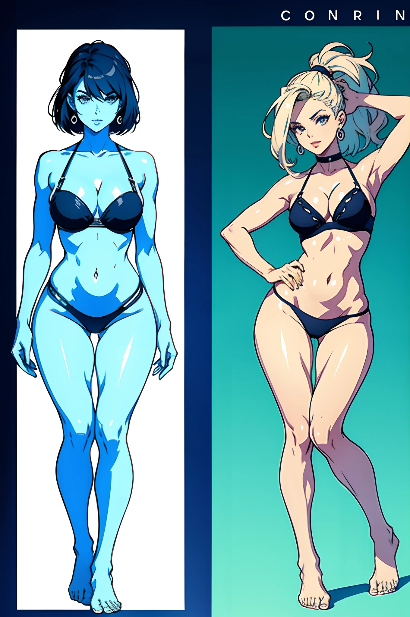 personagem feminina, Drawn at 2 different angles, corpo inteiro, including feet, poses reference