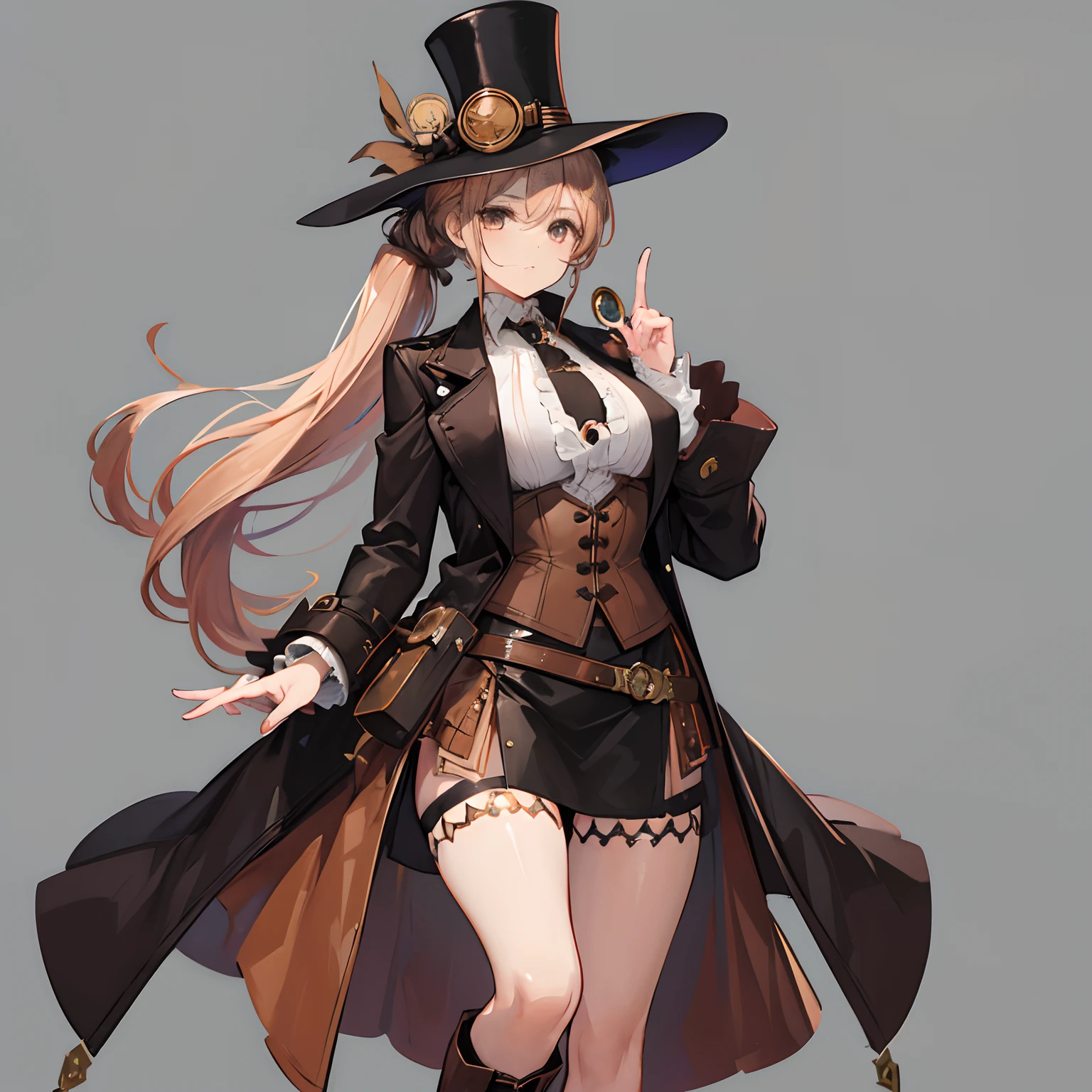 girl,long peach hair tied into a high ponytail,brown eyes,brown victorian era style woman's top hat,brown royal leather woman's coat,black fashion boots,monocle on left eye