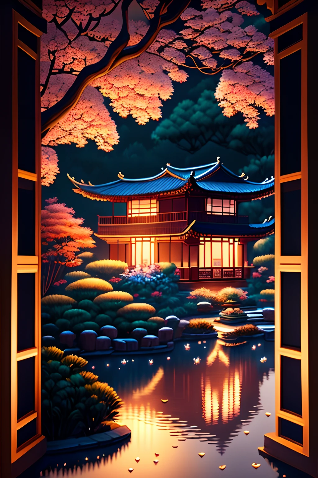 Ultra-high image, Super detail, Super high resolution, midnight, Charming Chinese garden scenery,Landscape painting, arte em papel cortado, Delicate and detailed composition, Professional lighting