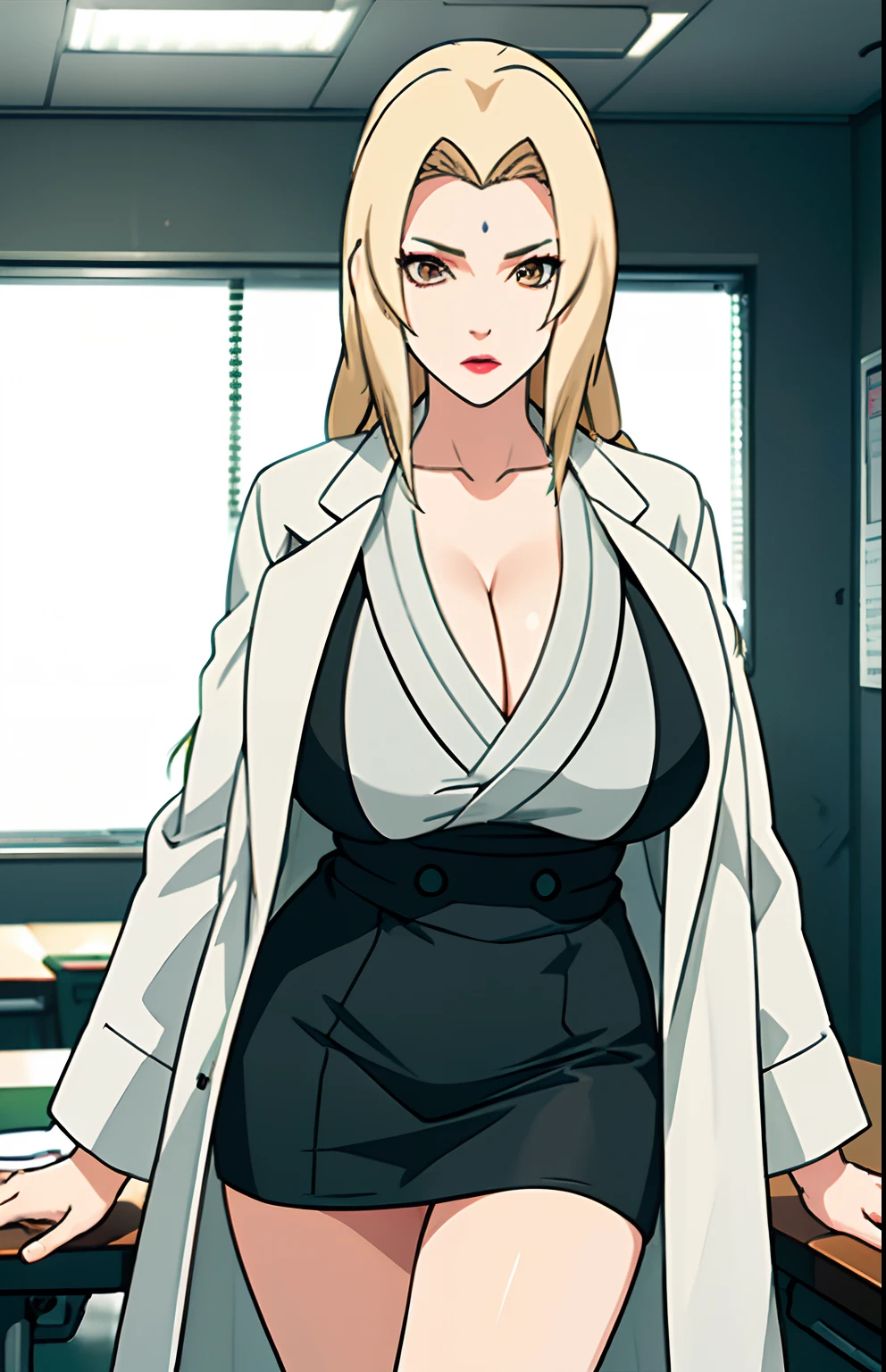 (Big tits), white shirt, (long coat), black tight skirt, fullbody, cleavage, good anatomy, masterpiece, best quality, 4k, 8k, professional photography, soft light, sharp focus, 1 girl, blonde hair, at classroom, blonde hair, parted banks, detailed face+brown eyes, open lips, lipstick, close up view, whiteboard